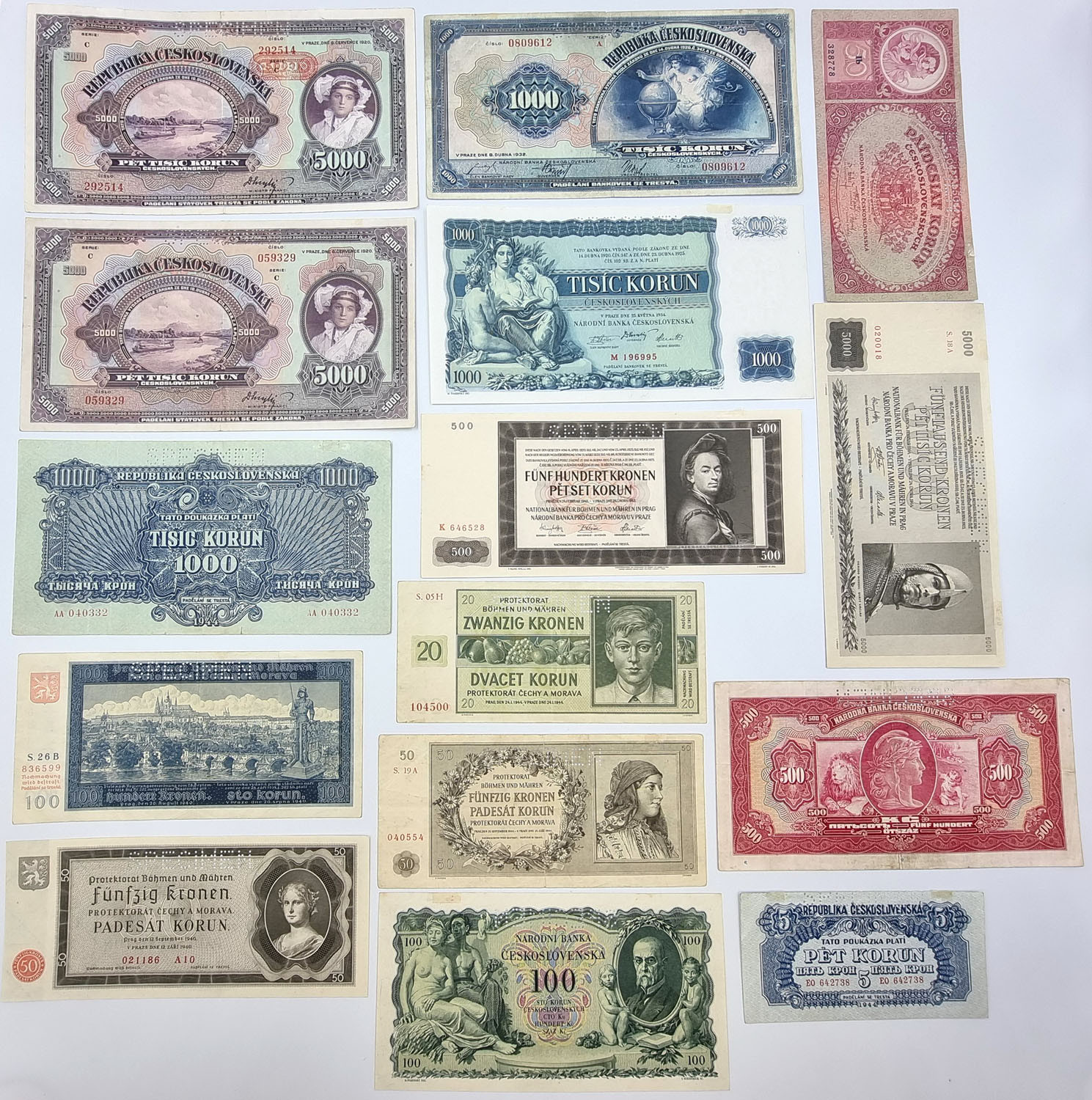 Czechosłowacja, Czechy, banknoty, zestaw 15 sztuk